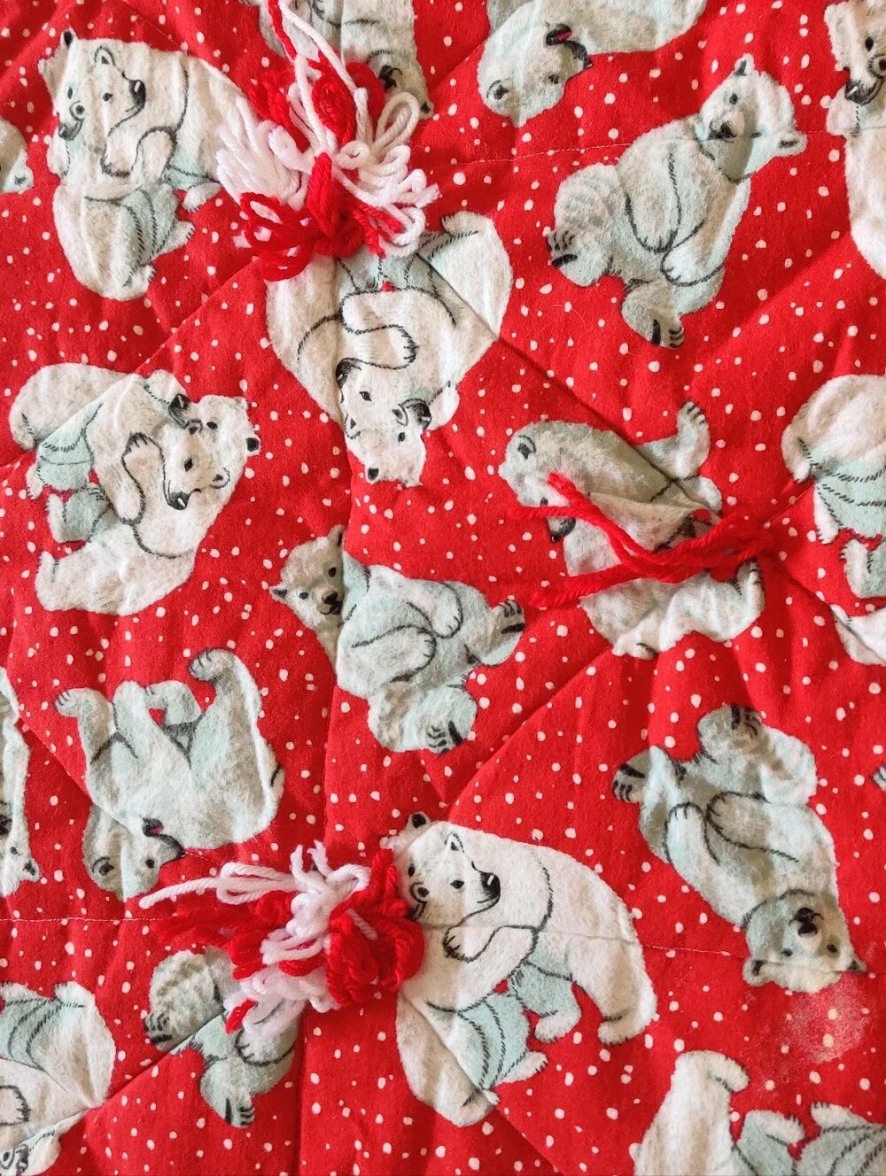Vintage Handmade Red Polar Bear Baby Blanket Red Quilt Christmas Holiday Lace